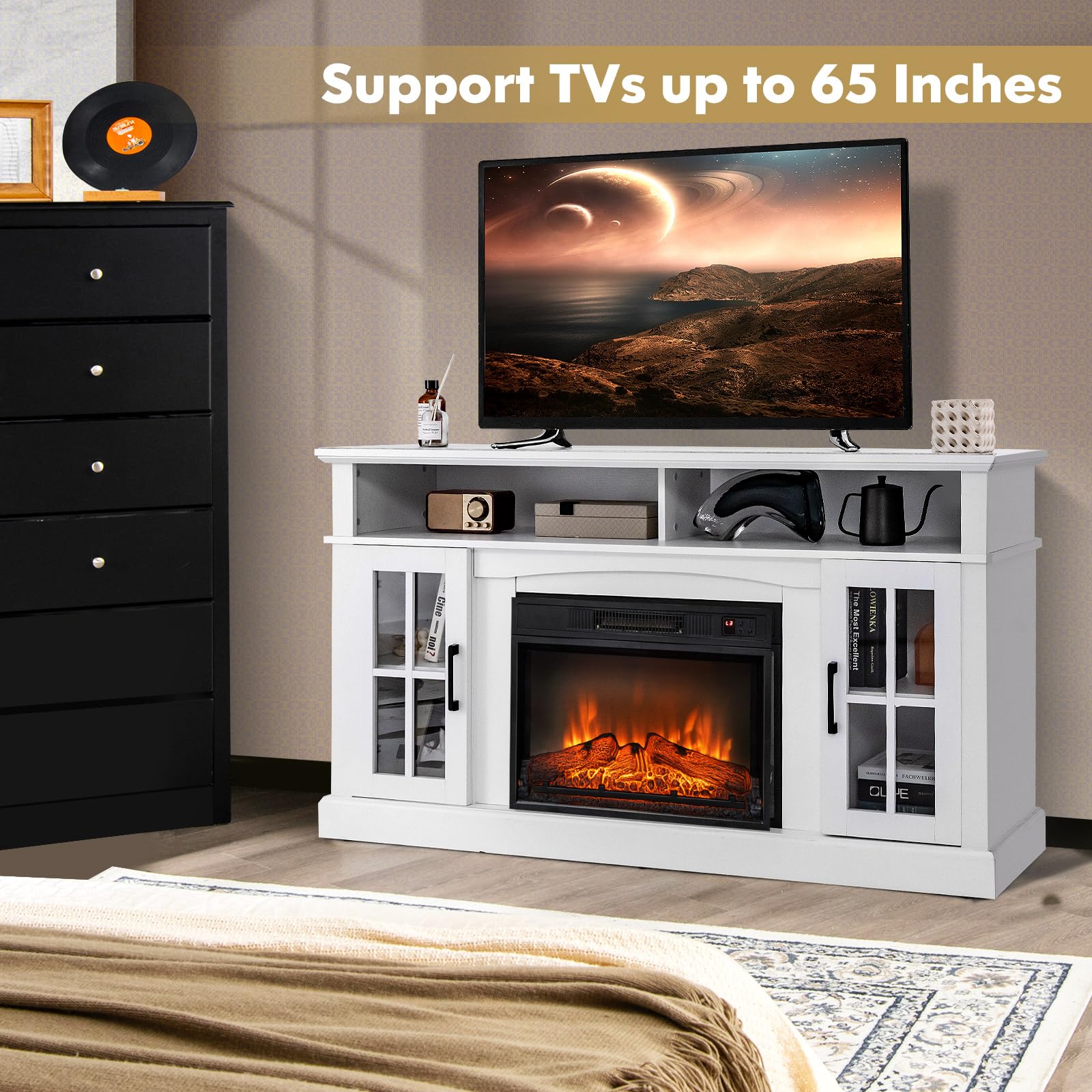 Costway Electric Fireplace Tv Stand For Tvs Up To 65 Inches, 1400W Heater Insert With Remote Control, 6H Timer, 3 Level Flame, Overheat Protection And Csa Certification, Adjustable Shelves, White